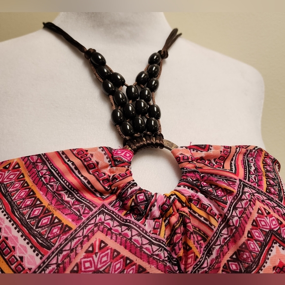 Sheer Beaded Halter Top Tribal Print Size Juniors XL (15-17) - Picture 3 of 8